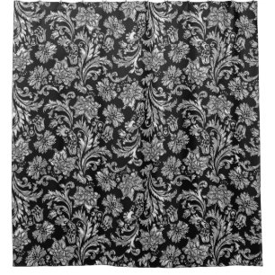 Black & Shiny Silver Vintage Floral Damasks Shower Curtain
