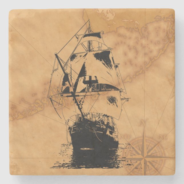 Black Ship Silhouette Stone Coaster (Front)
