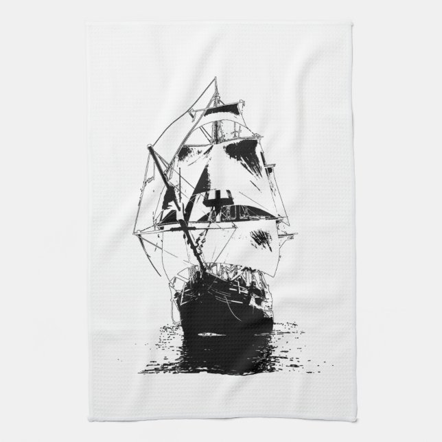 Black Ship Silhouette Tea Towel (Vertical)