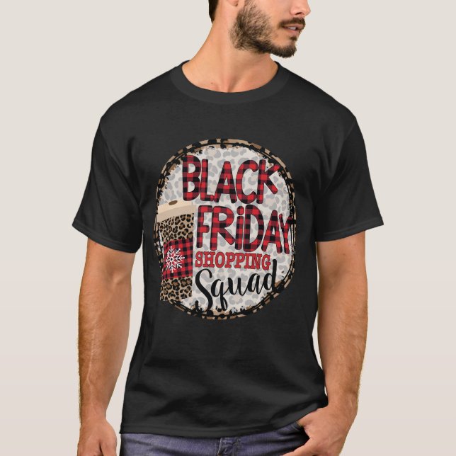 Black Shopping Friday Squad Leopard Buffalo Plaid  T-Shirt (Front)