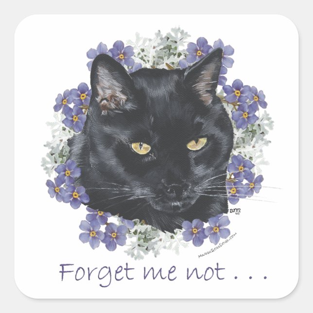 Black Shorthair Cat Forget-Me-Not Square Sticker (Front)