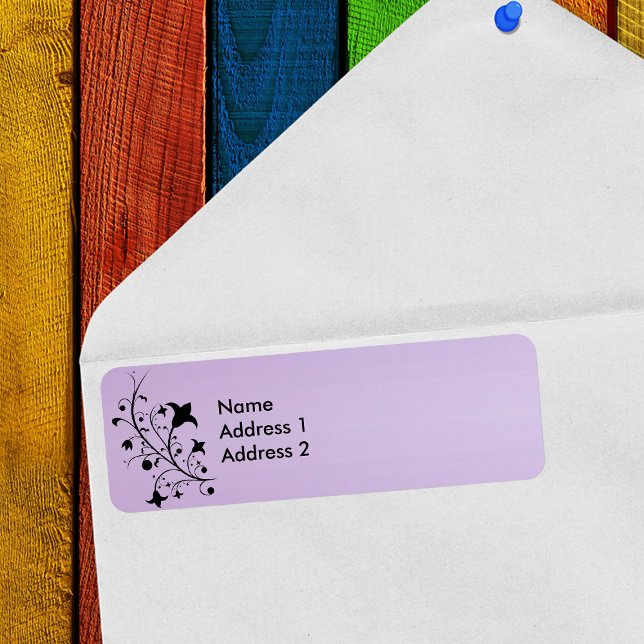 Black Silhouette Abstract Scroll Flowers Purple (Abstract black silhouette flowers on stem on purple return address labels.)