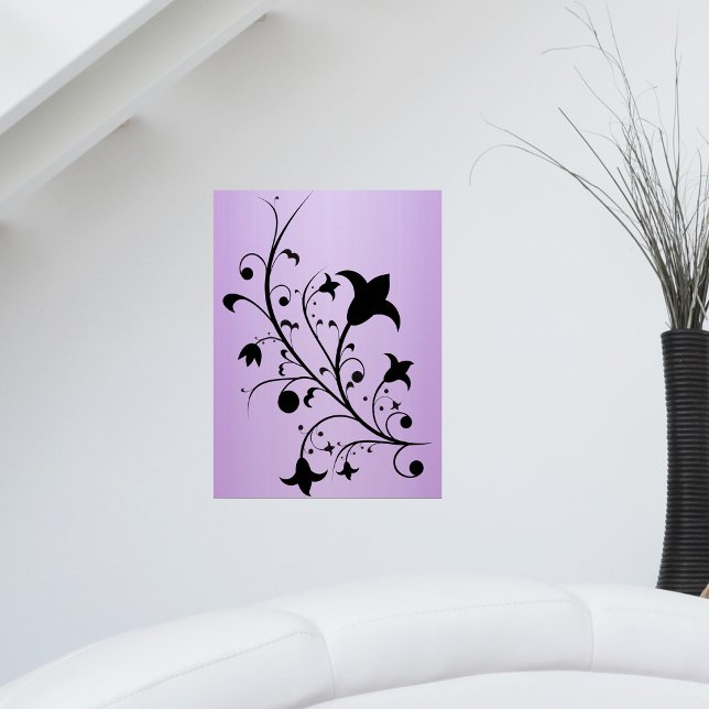 Black Silhouette Abstract Scroll Flowers Purple Poster (Black silhouette abstract flowers on dainty stem on pretty purple art wall poster.)