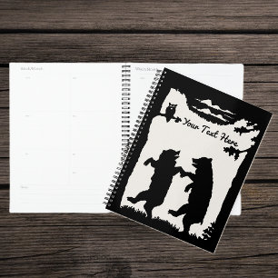 Black Silhouette Bears Dancing Owl In Tree Clouds Planner