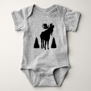 Black Silhouette Bull Moose Pine Trees Baby Bodysuit