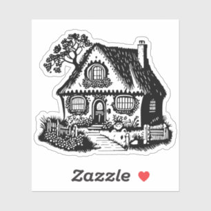 Black Silhouette Cozy Country Cottage Sketch