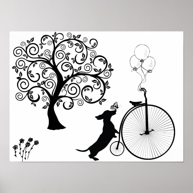 Black Silhouette Dachshund Bicycle Art Poster (Front)