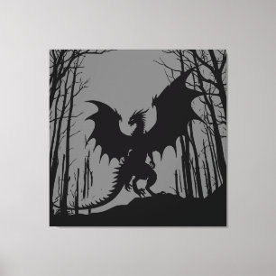 Black Silhouette Dragon on Grey - Fantasy   Canvas Print