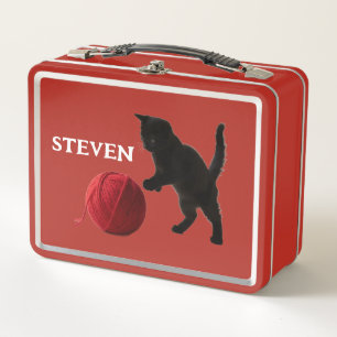 Black Silhouette Kitty, with red wool Ball Metal Lunch Box