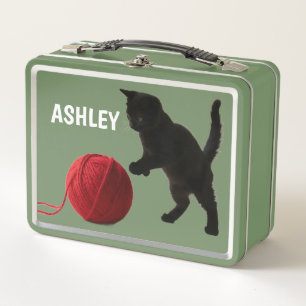 Black Silhouette Kitty, with red wool Ball T-Shirt Metal Lunch Box