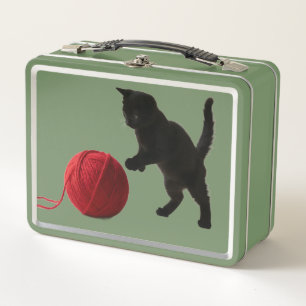 Black Silhouette Kitty, with red wool Ball T-Shirt Metal Lunch Box
