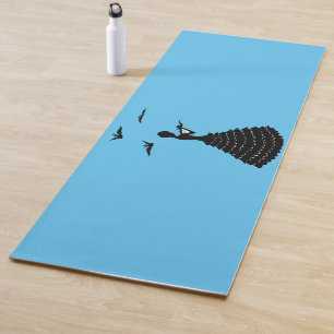 Black Silhouette Lady in Ruffled Dress Doves Blue Yoga Mat