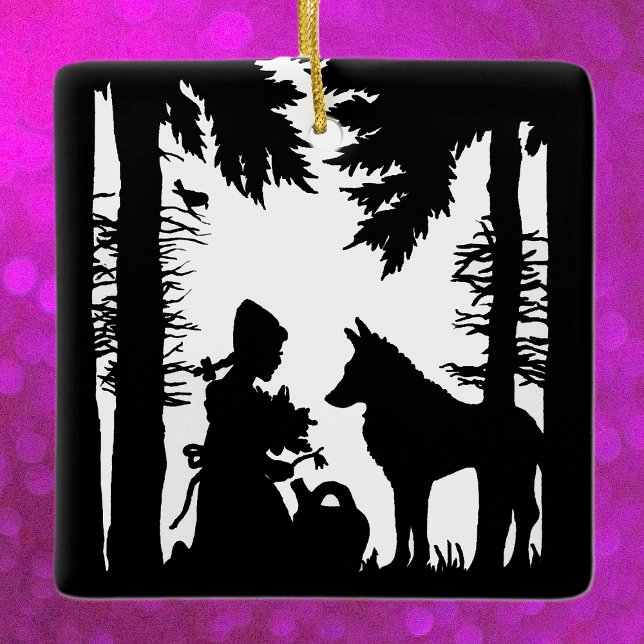 Black Silhouette Little Red Riding Hood Wolf Woods Ceramic Ornament (Black and white Red riding hood kneeling under trees with wolf flowers on hanging ornament.)