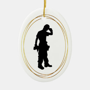 Black Silhouette of Construction Worker Ornament