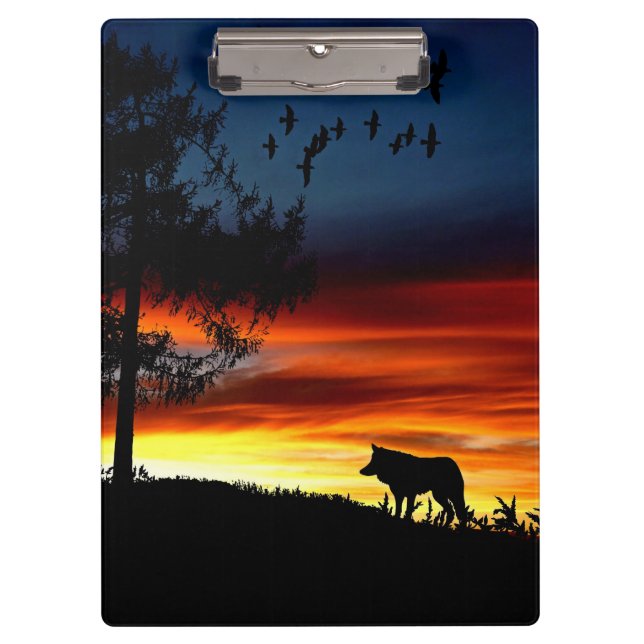 Black Silhouette of Wolf, Birds and Tree in Sunset Clipboard (Front)