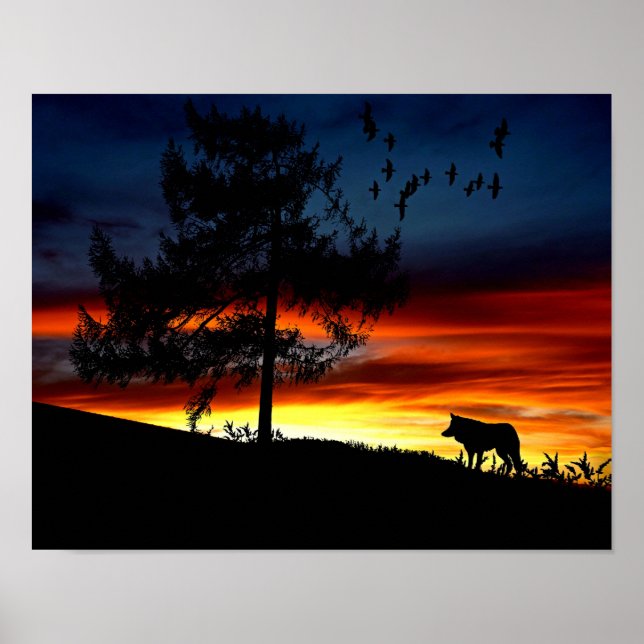Black Silhouette of Wolf, Birds and Tree in Sunset Poster (Front)