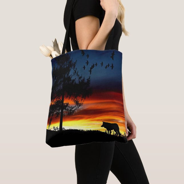 Black Silhouette of Wolf, Birds and Tree in Sunset Tote Bag (Close Up)