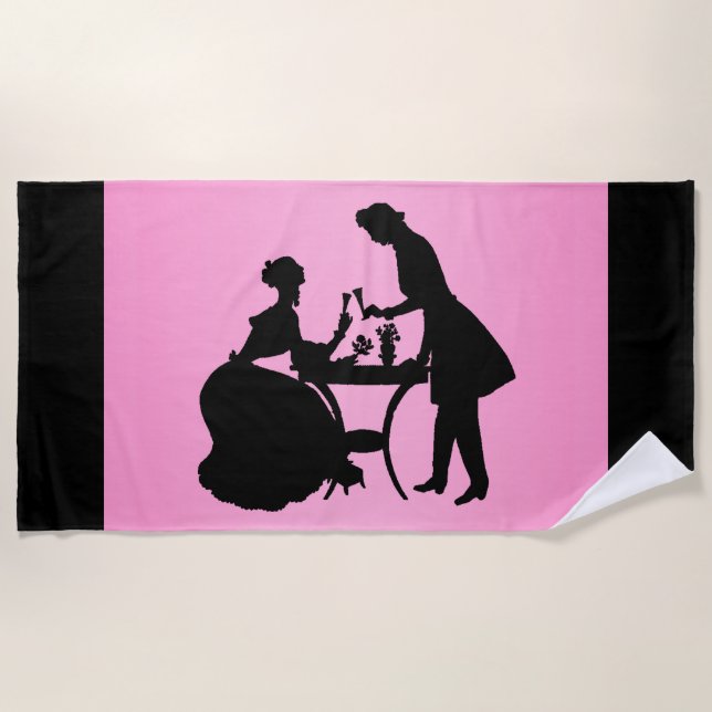 Black Silhouette on Pink Romantic Couple Wine Beach Towel (Front)