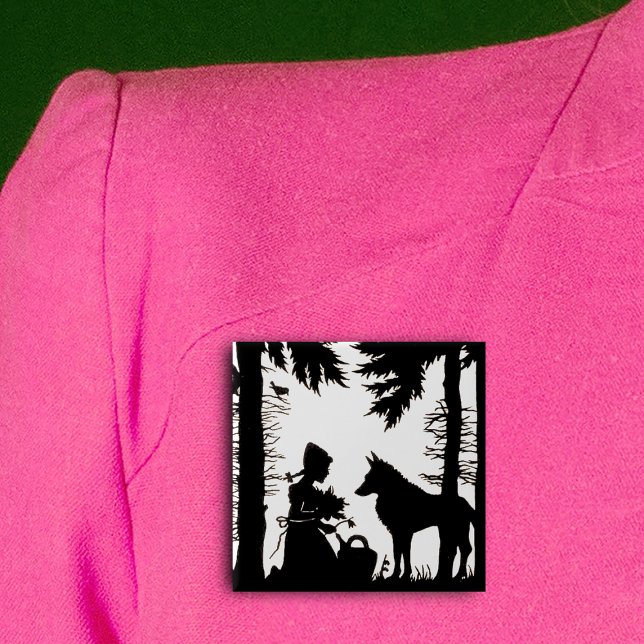 Black Silhouette Red Riding Hood Wolf Woods 15 Cm Square Badge (Black and white Little Red Riding hood kneeling in woods wolf on pin back button.)