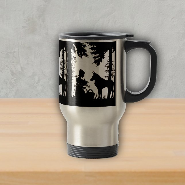 Black Silhouette Red Riding Hood Wolf Woods Travel Mug (Black Silhouette LIttle Red Riding Hood in Woods with wolf on travel drink mug.)