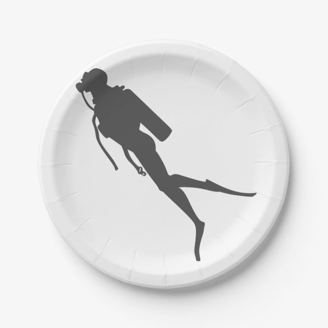 Black silhouette scuba divers paper plate (Front)