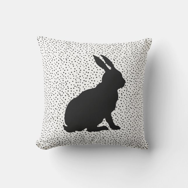 Black Silhouette Sitting Rabbit on Black Dots Cushion (Front)