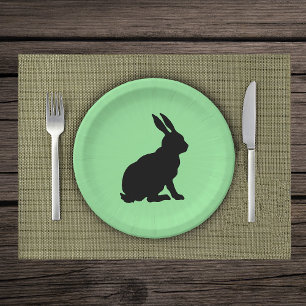 Black Silhouette Sitting Rabbit on Green Paper Plate