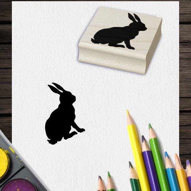Black Silhouette sitting Rabbit Side Profile Rubber Stamp (Silhouette of side profile of sitting rabbit on craft ink stamp.)