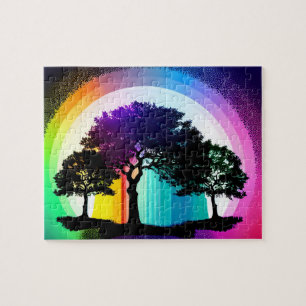 Black Silhouette Trees with Rainbow Background Jigsaw Puzzle