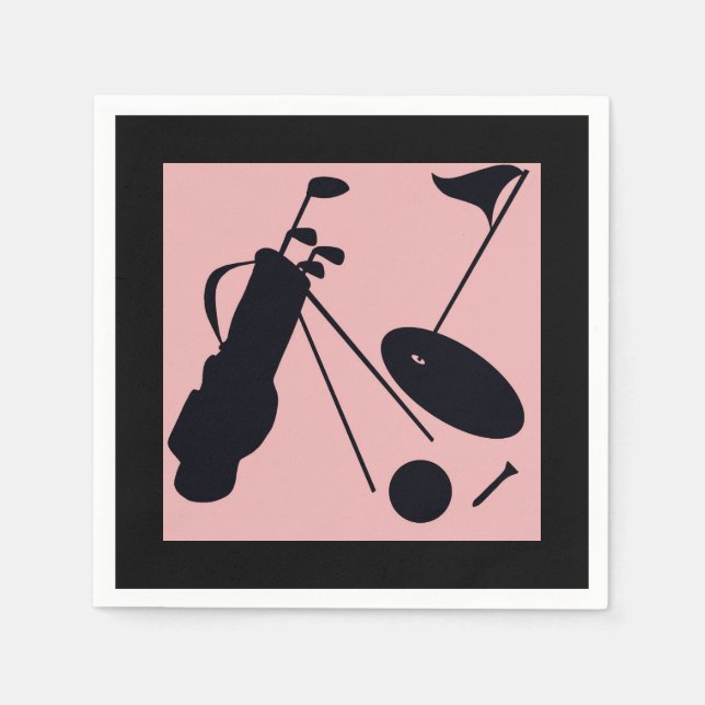 Black silhouettes of golf items on pink background napkin (Front)