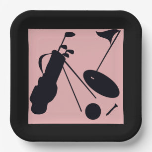Black silhouettes of golf items on pink background paper plate