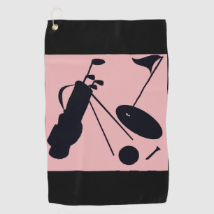Black silhouettes of golf items on pink background towel