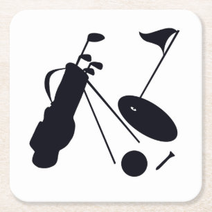 Black silhouettes of golf items on white square paper coaster