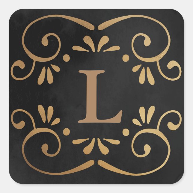 Black silk gold faux foil flourish monogram square sticker (Front)