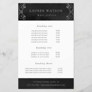 black silk silver flourish service and price flyer