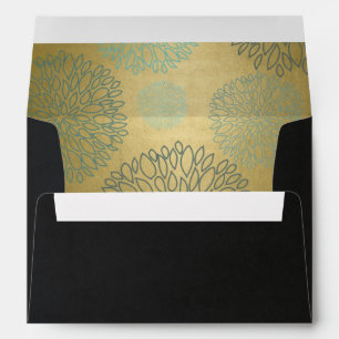 BLACK SILK VELVET GOLD AQUA BLUE FLORAL ADDRESS ENVELOPE