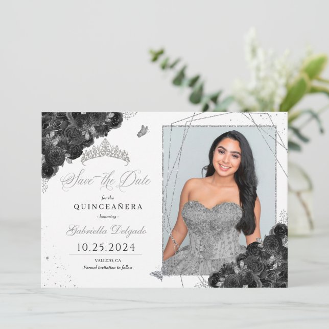 Black & Silve Photo Card Quinceañera Save The Date (Standing Front)