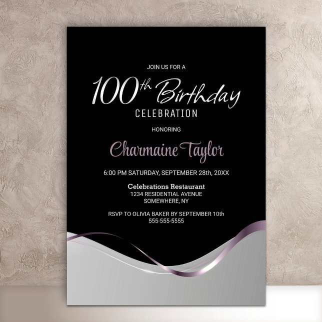 Black Silver 100th Birthday Party Invitation (Creator Uploaded)
