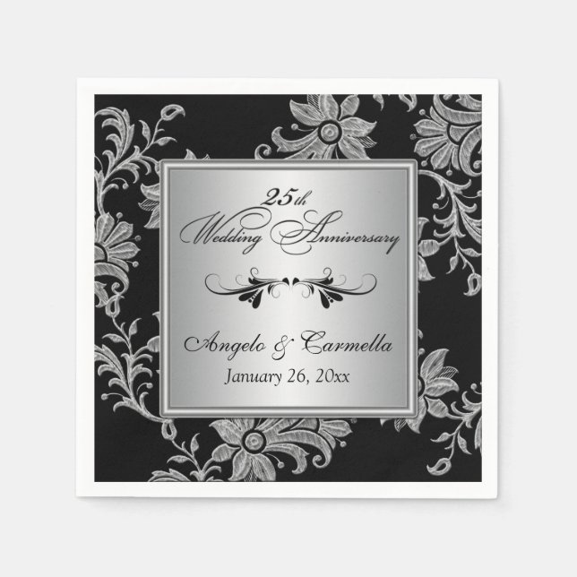 Black, Silver 25th Wedding Anniversary Napkins (Front)