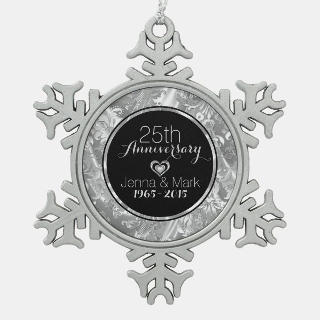 Black & Silver 25th Wedding Anniversary Ornament (Front)
