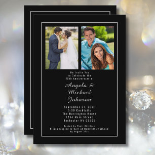 Black Silver 25th Wedding Anniversary Then and Now Invitation