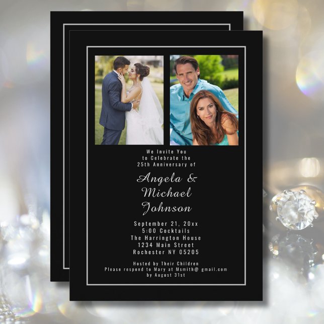 Black Silver 25th Wedding Anniversary Then and Now Invitation (Creator Uploaded)
