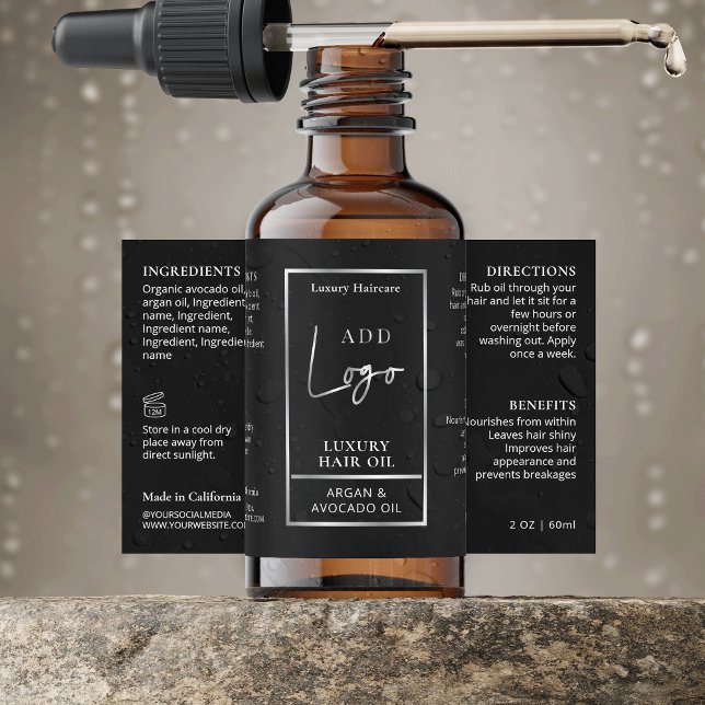 Black Silver 2 OZ Dropper Bottle Waterproof Label (Elegant black and silver effect cosmetic dropper bottle waterproof label with custom logo)