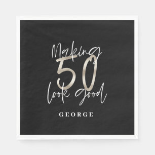 Black silver 50th birthday modern elegant napkin