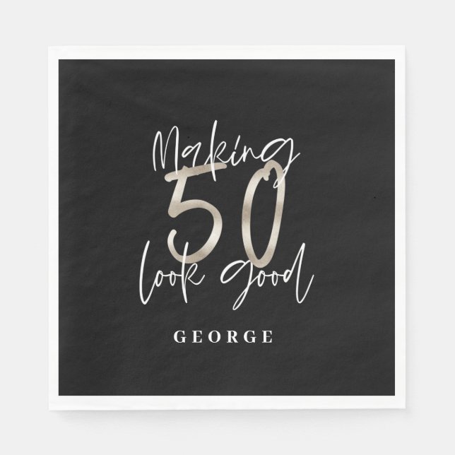 Black silver 50th birthday modern elegant napkin (Front)