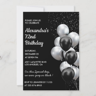 Black Silver 72nd birthday invitations Balloons 