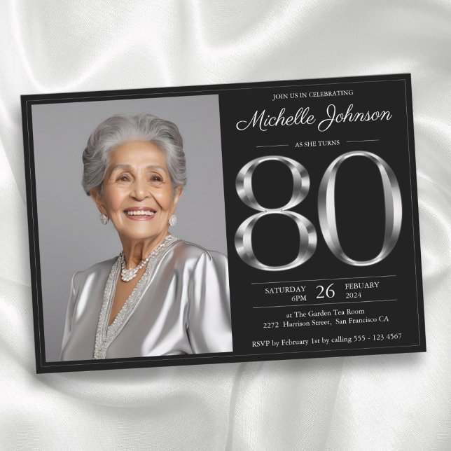 Black Silver 80th Birthday Invitation (Black Silver 80th Birthday Invitation)