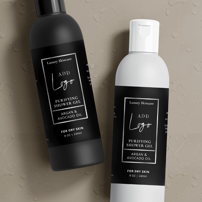 Black Silver 8 OZ Cosmetic Bottle Waterproof Label (Black and silver logo skincare product labels with ingredients and faux chrome effectcts)
