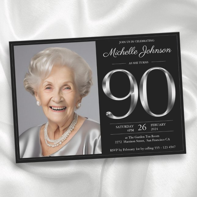 Black Silver 90th Birthday Invitation (Black Silver 90th Birthday Invitation)