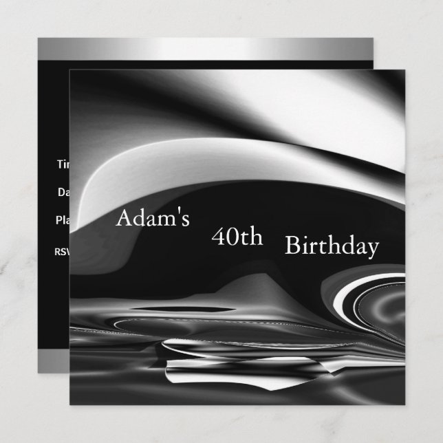 Black Silver Abstract 2 40th Birthday Party Mens Invitation (Front/Back)